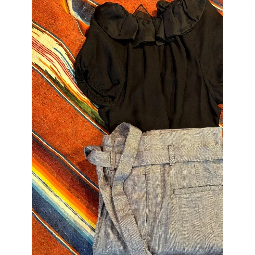 Banana Republic Pants Womens 8 Gray Black Linen Paperbag Belted Twill Wide Leg
